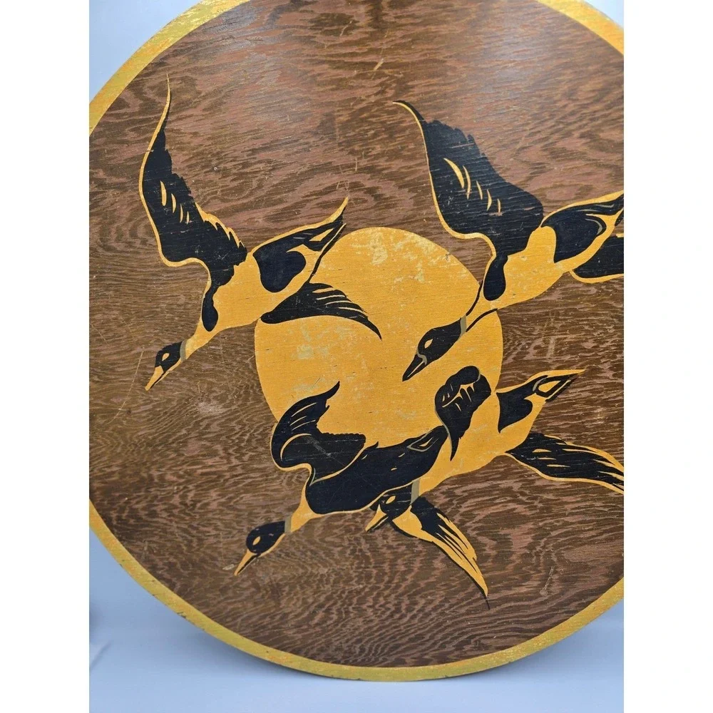 Vintage Round Wooden Wall Art Flying‎ Ducks Sun Decor Rustic Home Accent 21in